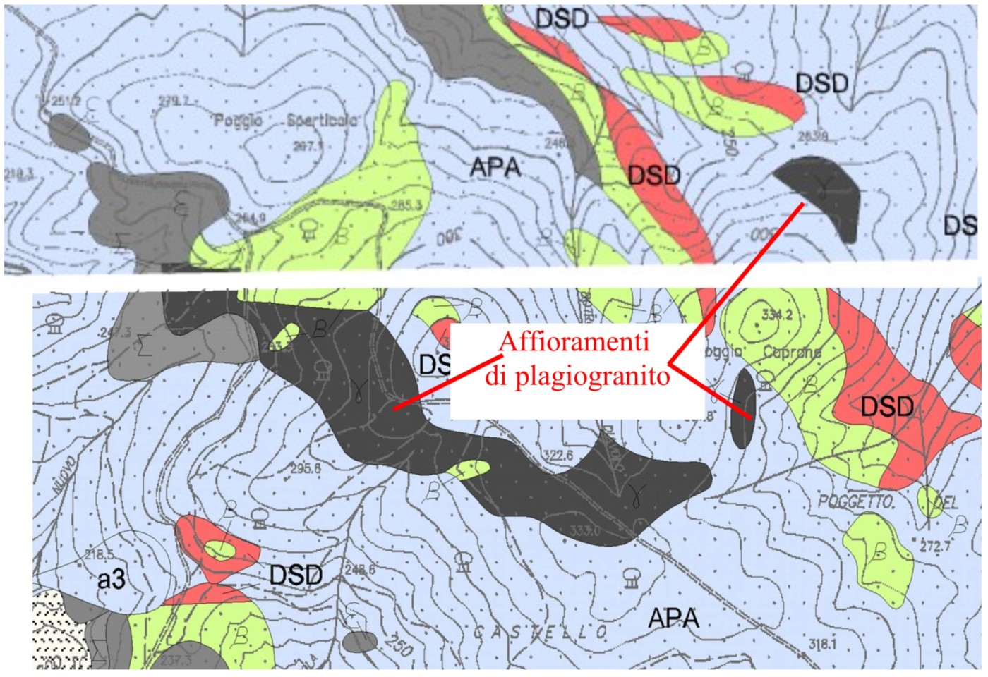 Fig. 6 -Stralcio della carta Geologica scala 1:10000 relativa all’area limitrofa di Poggio Caprone