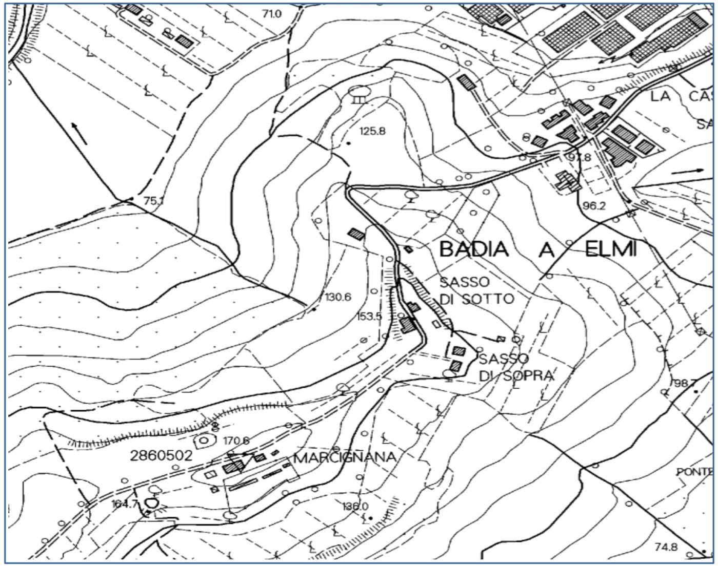 Fig. 15 – estratto della mappa topografica scala 1:10000 relativa all'area di Badia a Elmi da cui si evidenzia la morfologia della zona in cui si trova la località Sasso (da Cartoteca Reg.Toscana)